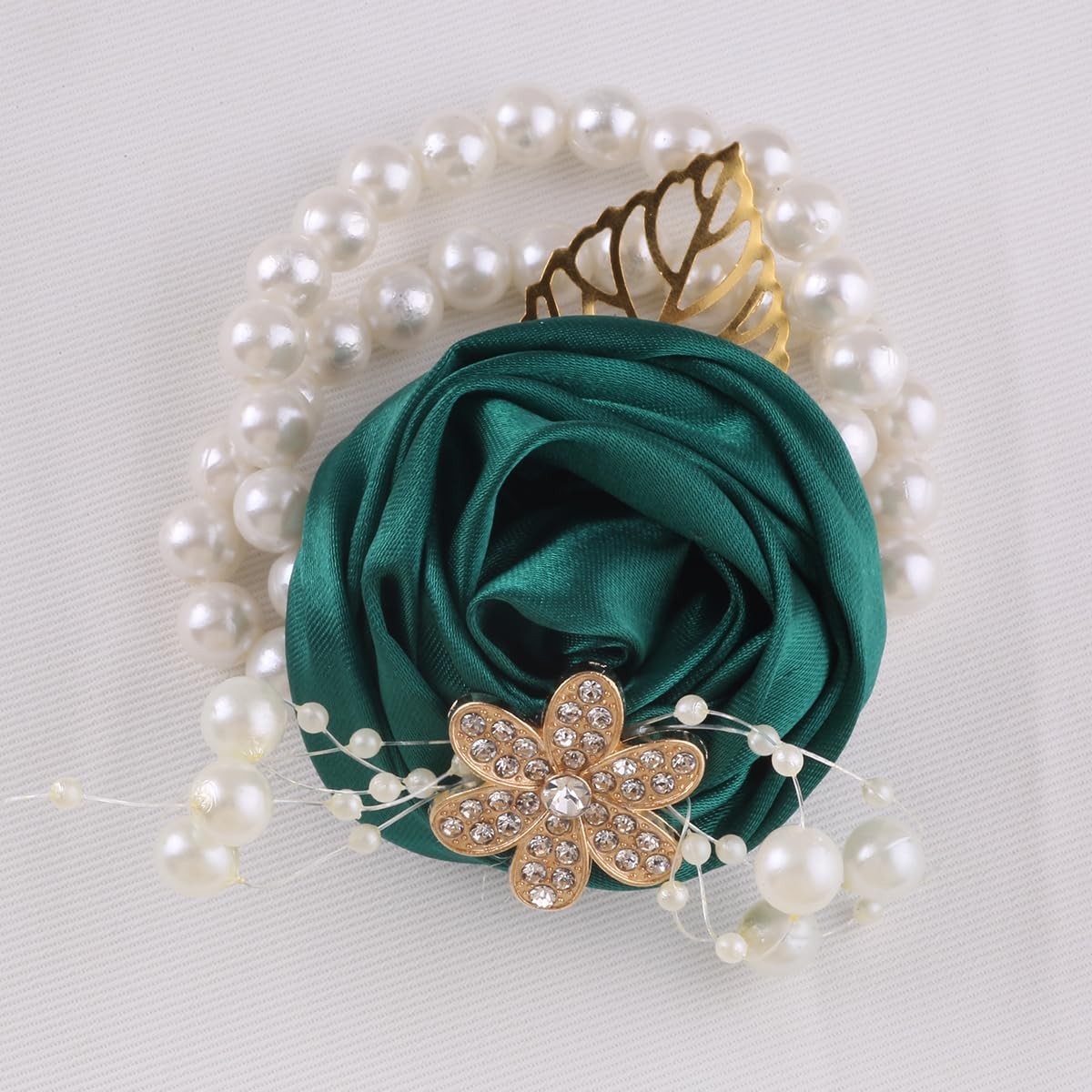 5 PCS Pearl Beaded Satin Wrist Corsage Artificial Flower Emerald Green
