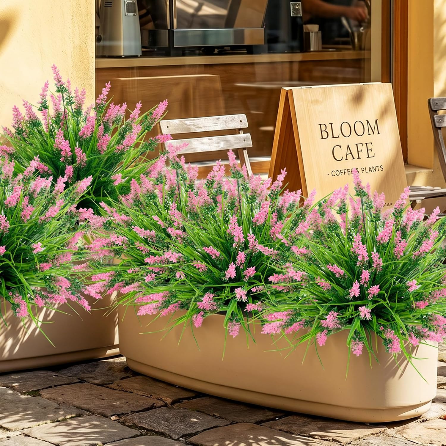 48Pcs UV Resistant Fake Monkey Grass with Pink Flowers for Home & Garden Decor