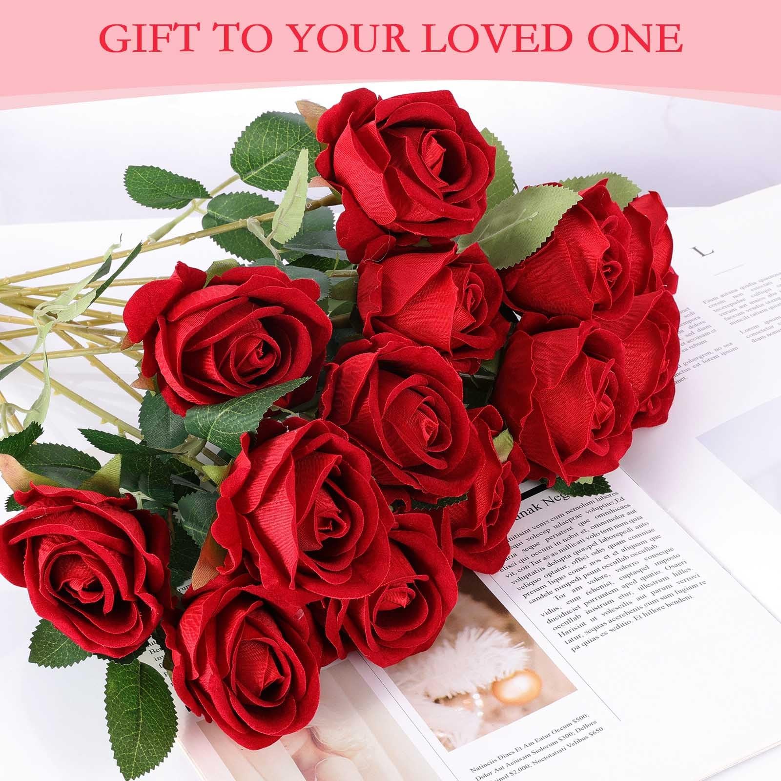 50 Artificial Roses in Bulk, Fake Velvet Silk Burgundy Roses Realistic Red Ro…