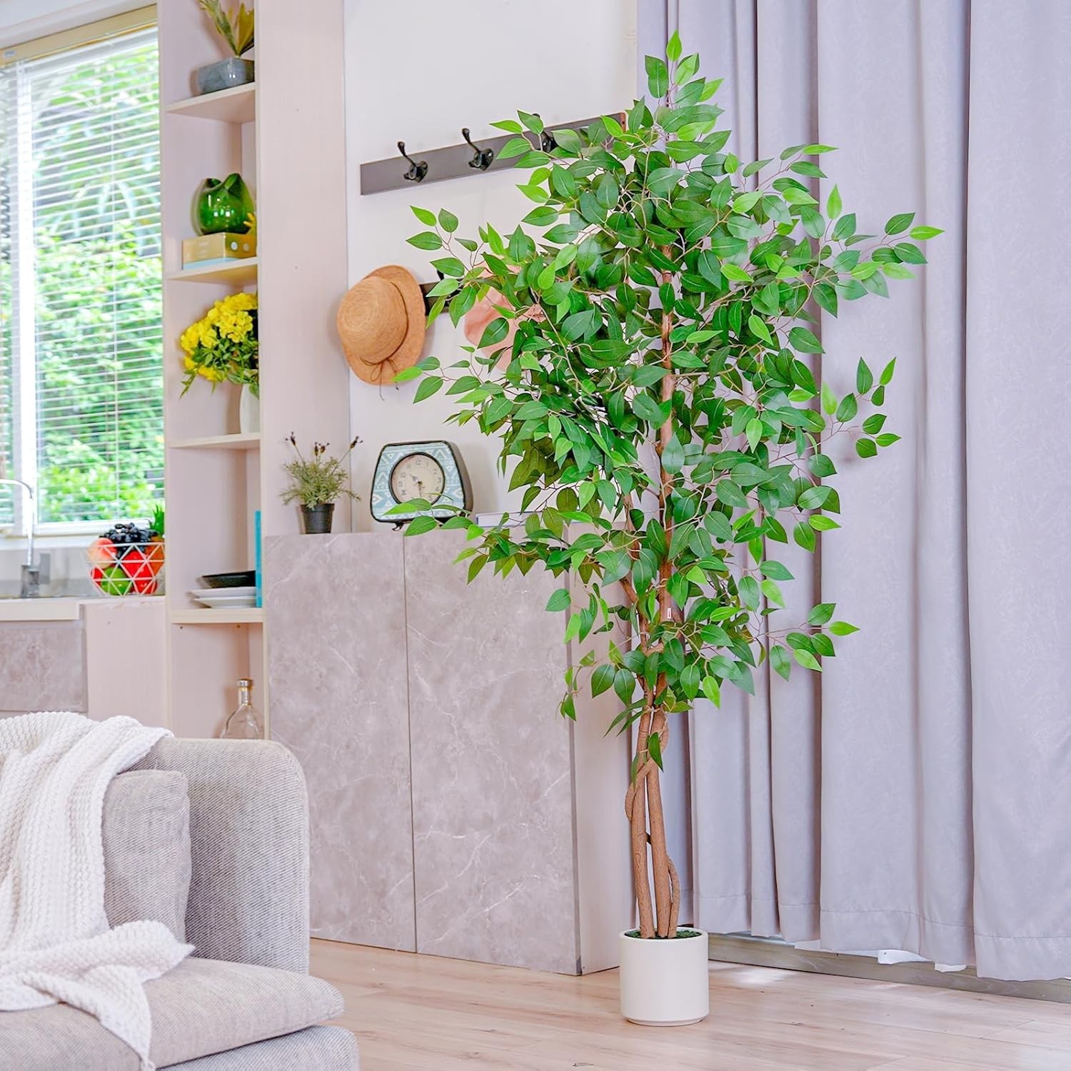 Realistic 5FT Artificial Ficus Tree in White Planter – Perfect -Round Decor