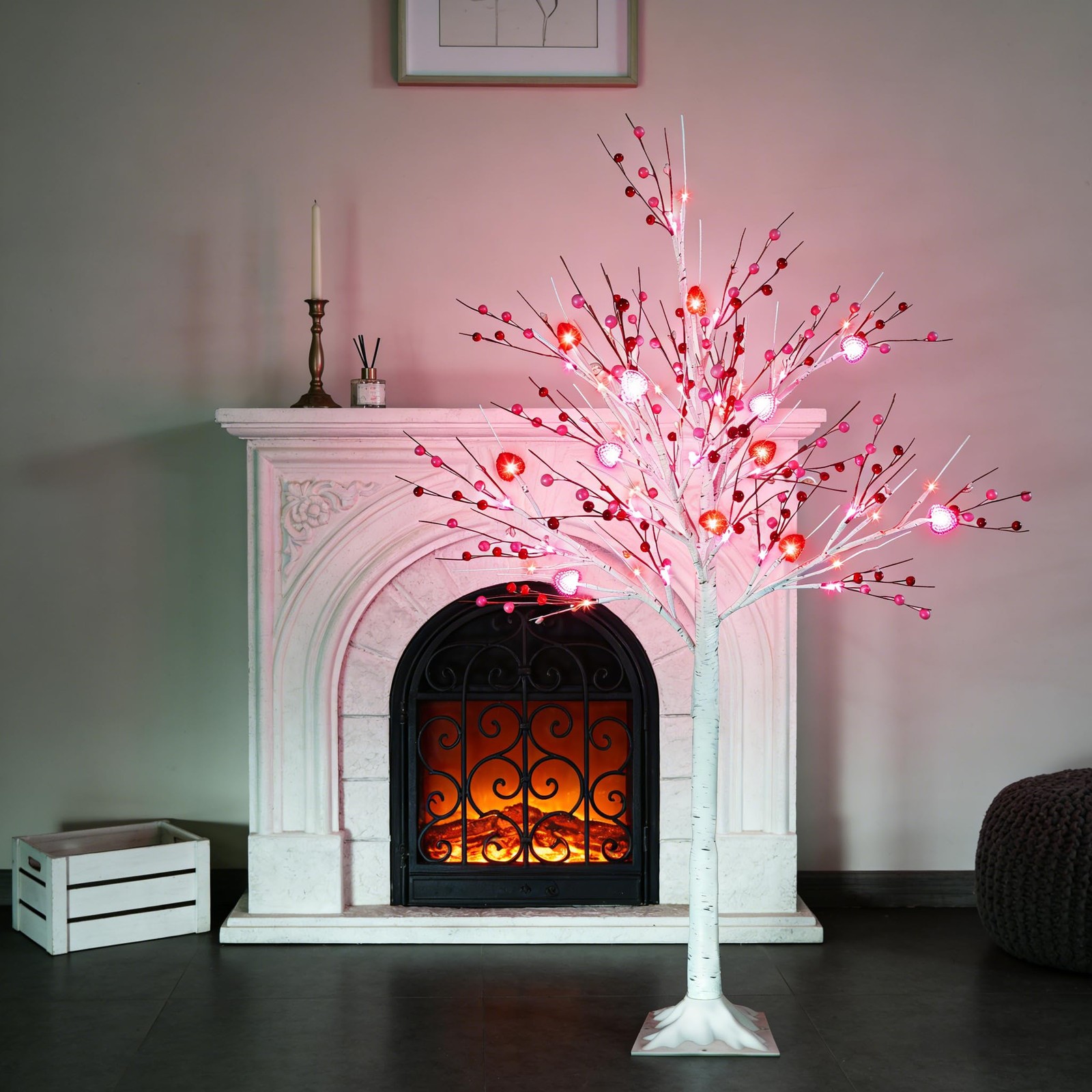 2 PCS 4 FT Lighted Birch Tree 48 LED Heart Berry Ornaments Red Pink Lights