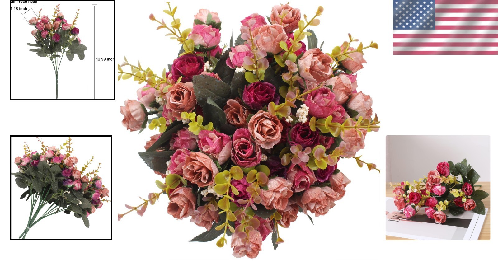 Vibrant Rose Red Artificial Flowers – 7 Branch Bouquet for Home and Weddings