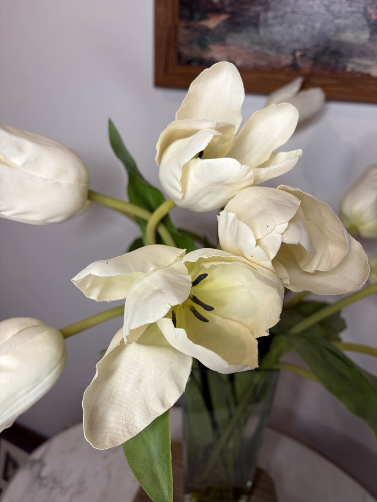 Artificial White Tulip Arrangement in Tall Glass Vase Faux Flower Centerpiece