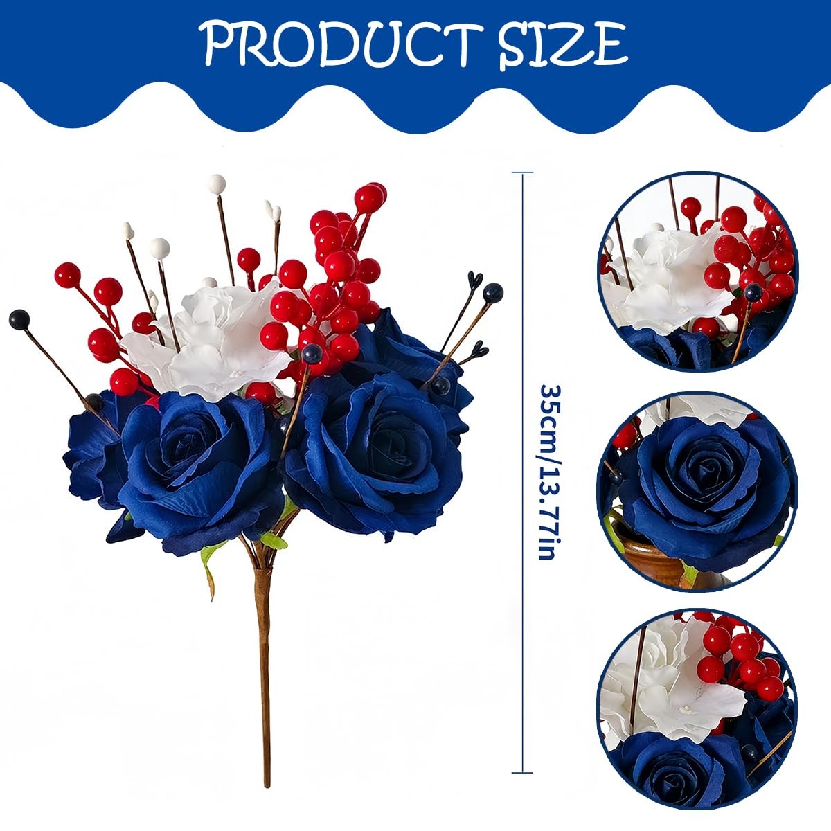 Patriotic Artificial Rose Flowers Berry Stem Picks Red White Blue Silk Floral…