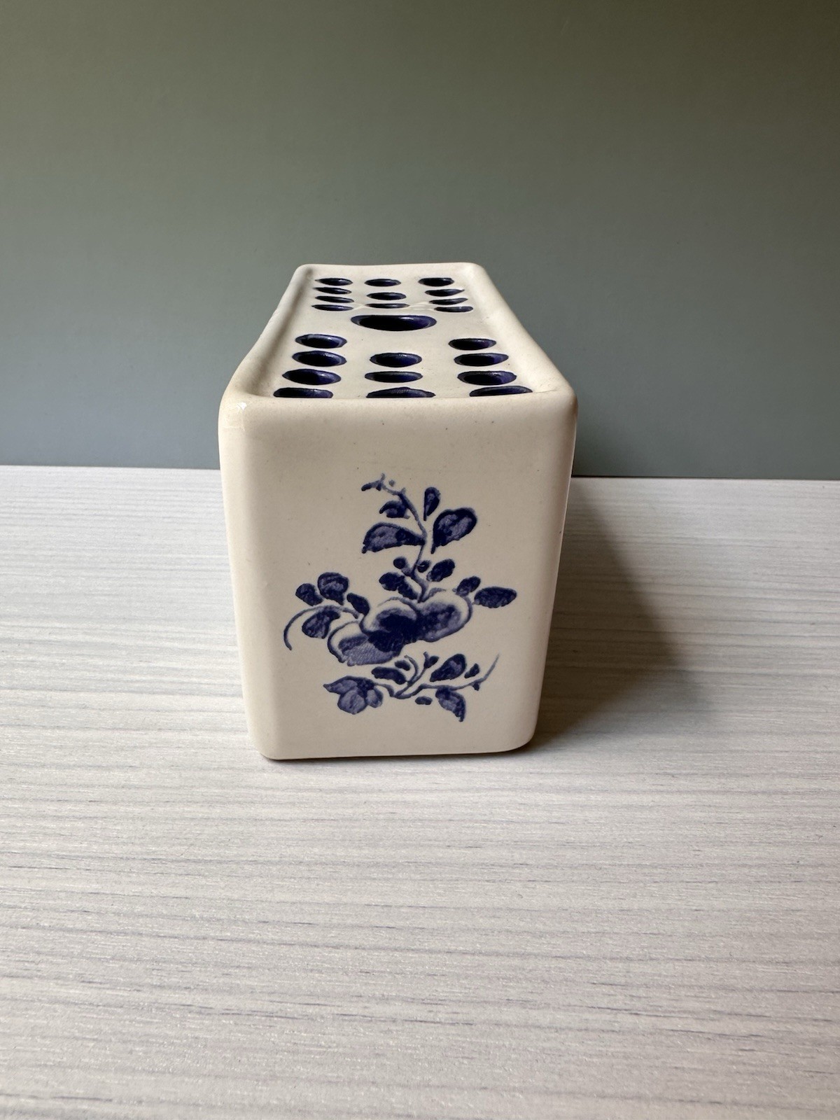 Hand Painted Ceramic Blue and White Flower Frog Vase, 1992 Made in Portugal