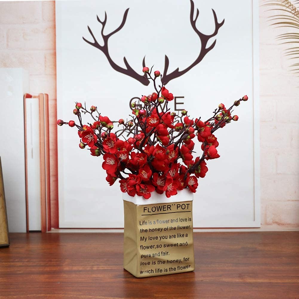 6 PCS Artificial Red Plum Blossom Faux Flowers Fake Plastic Silk Decor