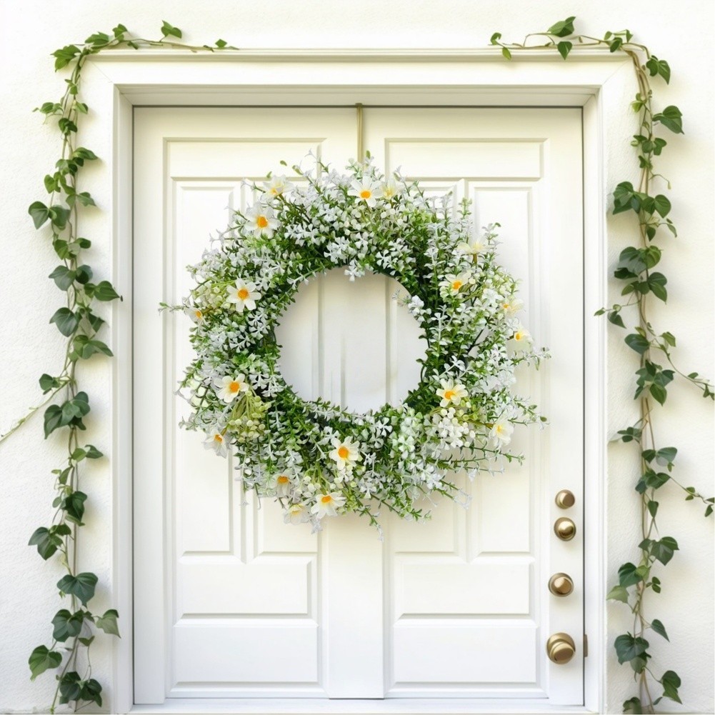 Plastic Spring Wreath White Eucalyptus Floral Decor for Door or Wall Mount