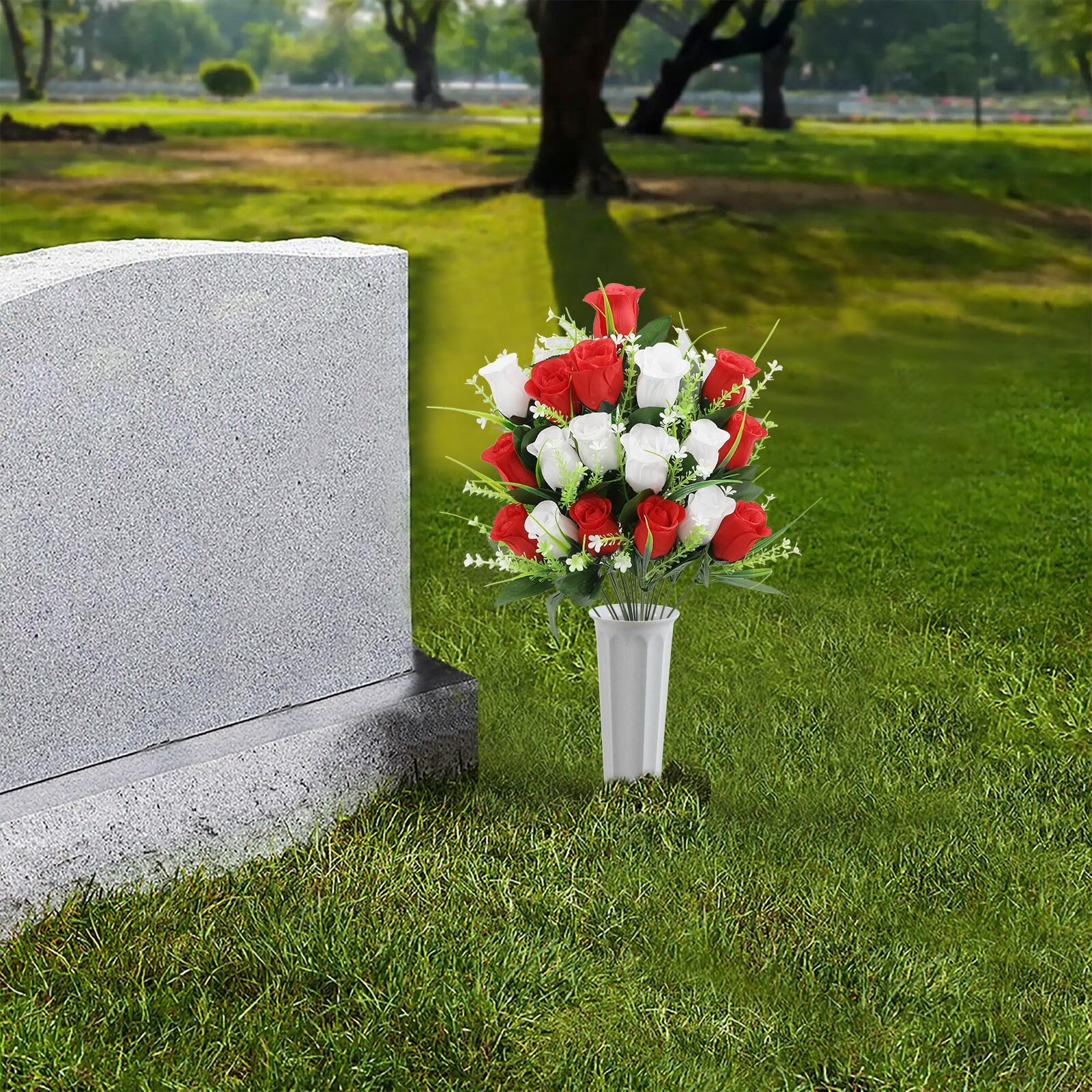 2Pcs Artificial Cemetery Flowers for Grave Silk Memorial Rose Flowers Outdoor…