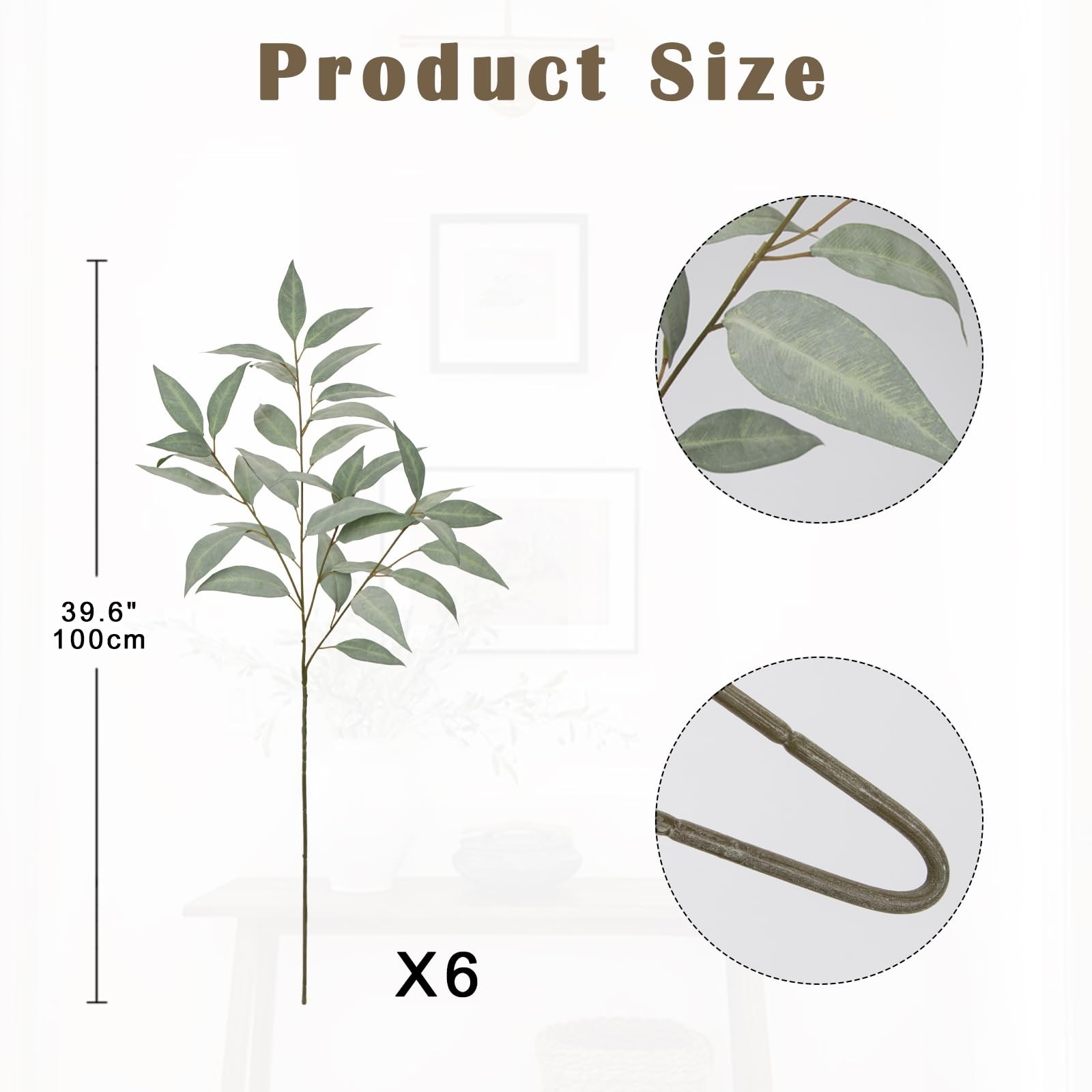 Set of 6 Faux Eucalyptus Stems 39.5 ” Long Stem Artificial Branches for Vase…