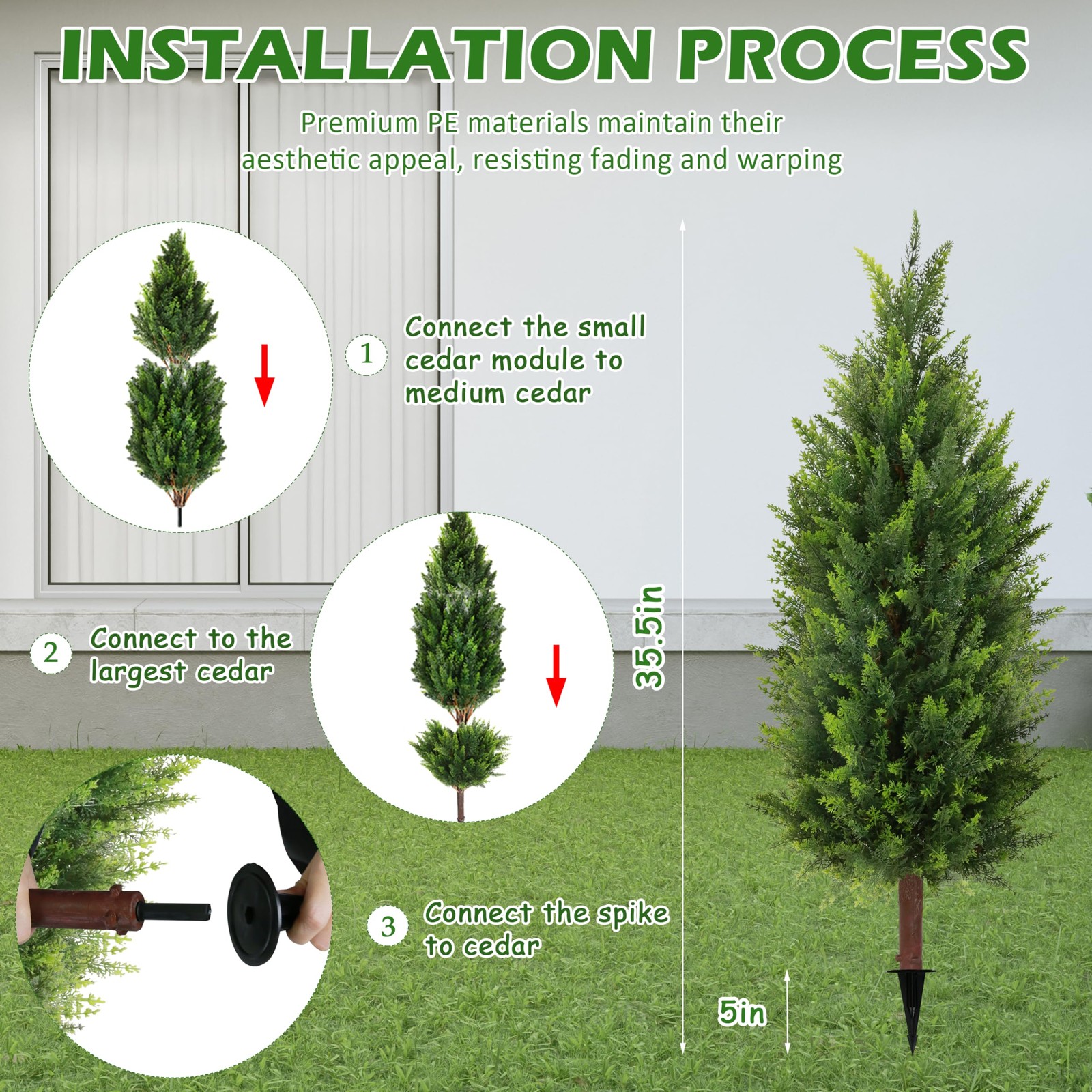 2 Packs 35.5″ Artificial Cedar Tree, Fake Cedar Shrub Bushes Trees with Spike…