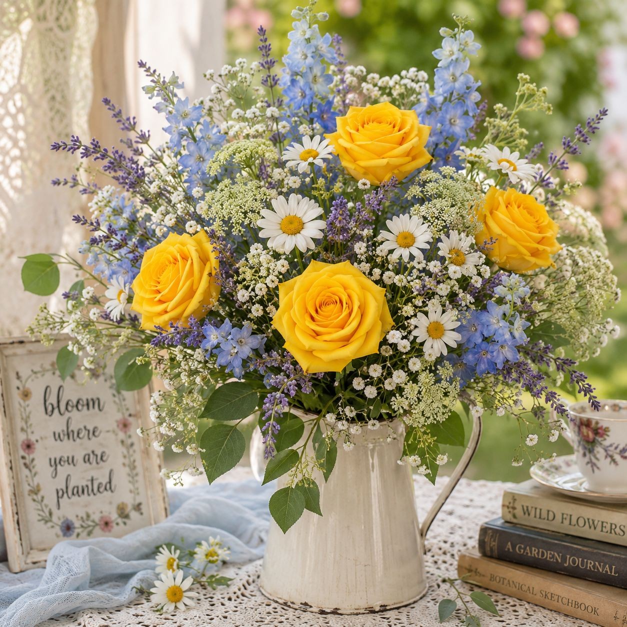 Set of 6 Artificial Yellow Rose Stems 20 Inch Faux Roses Farmhouse Decor Cottage