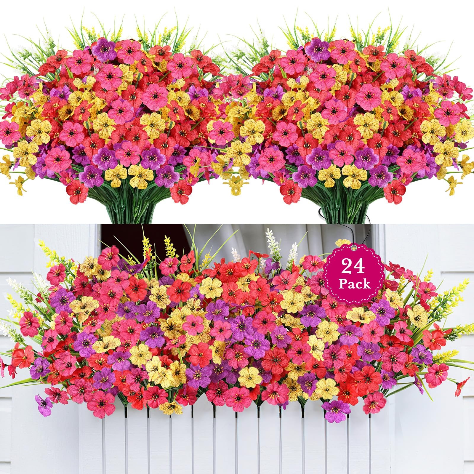 24 Bundles Realistic Fake Flowers for Outdoors, No Fade Faux Silk Flowers