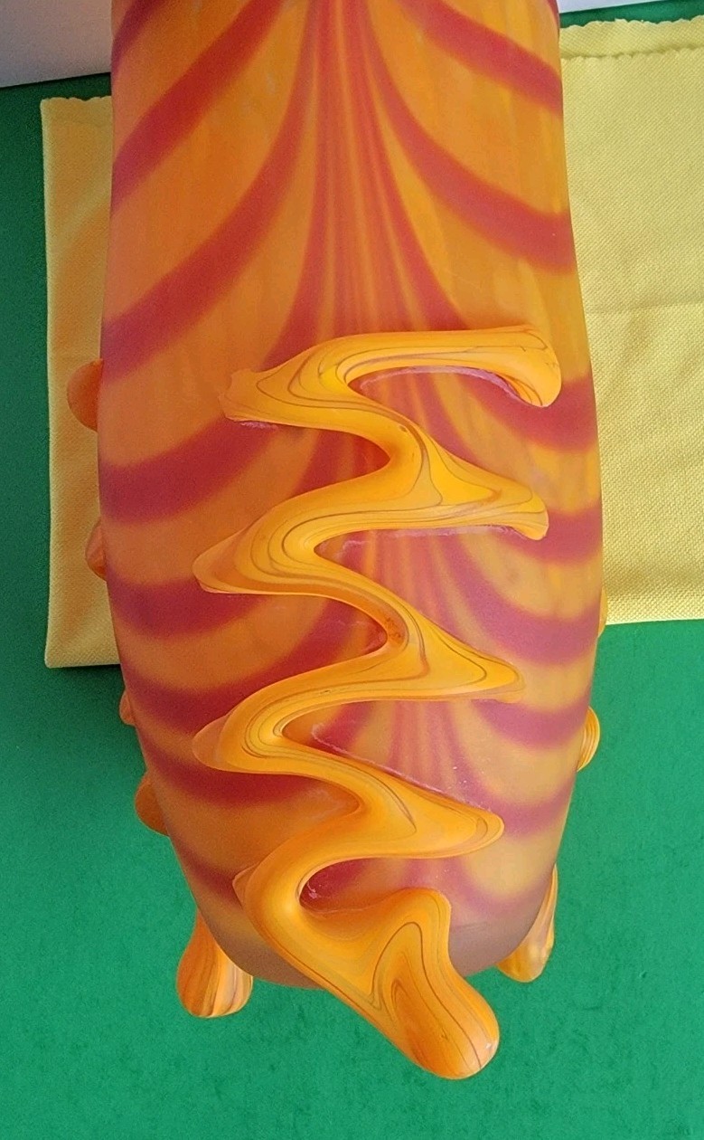 Art Glass 10.25″ x 4.5″ Vase – Orange & Red Swirled Vase With Three Feet