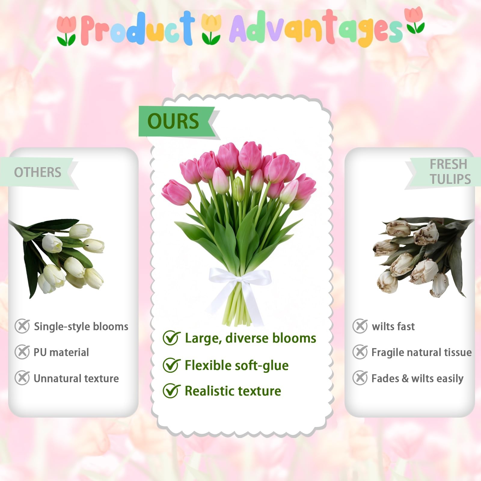 Deep Pink 15PCS 15.75″ Artificial Tulips, Premium Latex Natural Feel Fake Flo…