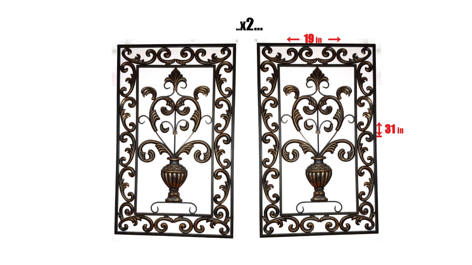 2 Antique DISTRESSED COLOR FINISH Wrought Iron FLORAL WALL DECOR PANELS 31 x 19″