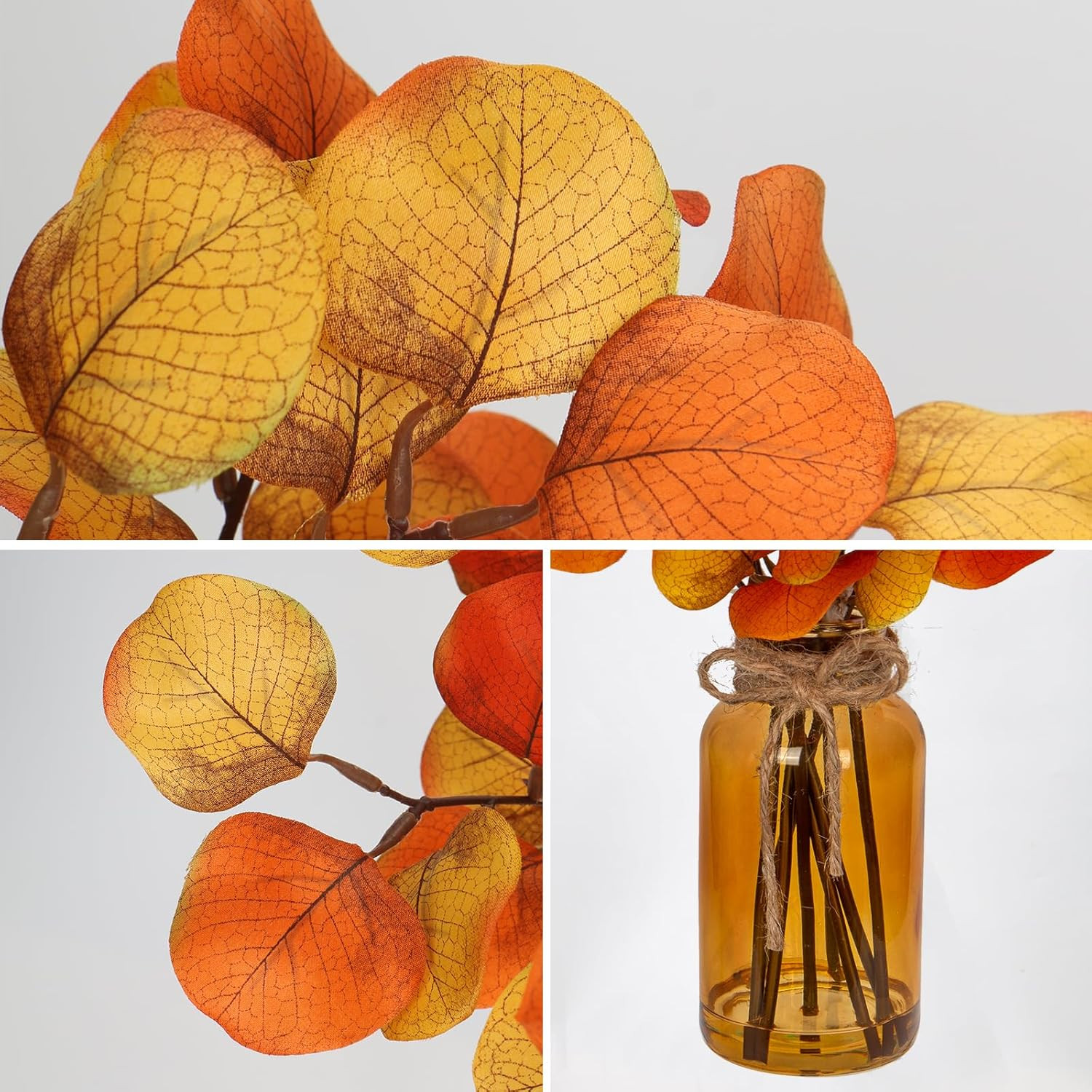 Artificial Eucalyptus Stems in Amber Glass Vase with Faux Water, 14″ Fake Fall P