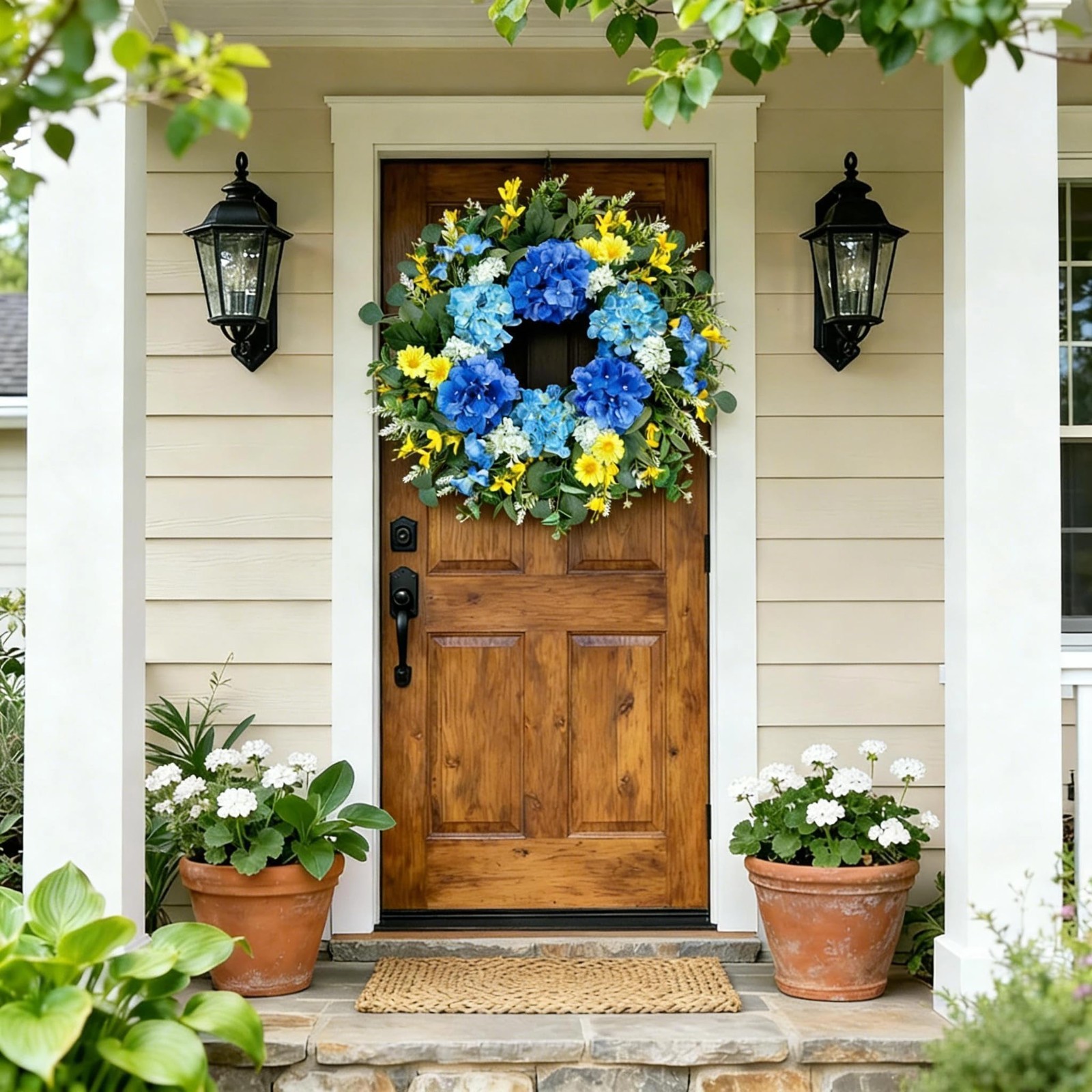 Large 26″ Artificial Spring Wreath – Silk Hydrangea, Yellow Daisy & Eucalyptus –