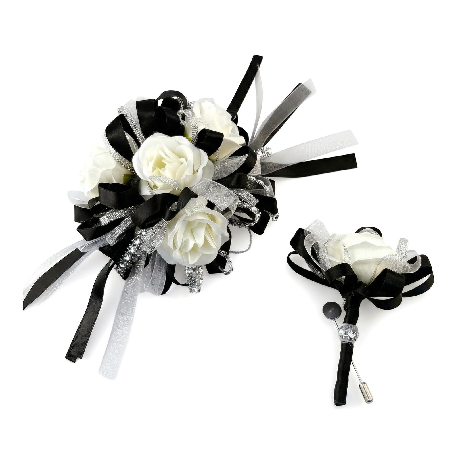 Rose Wedding Corsage Boutonniere Set Floral Suit Accessories Black & White