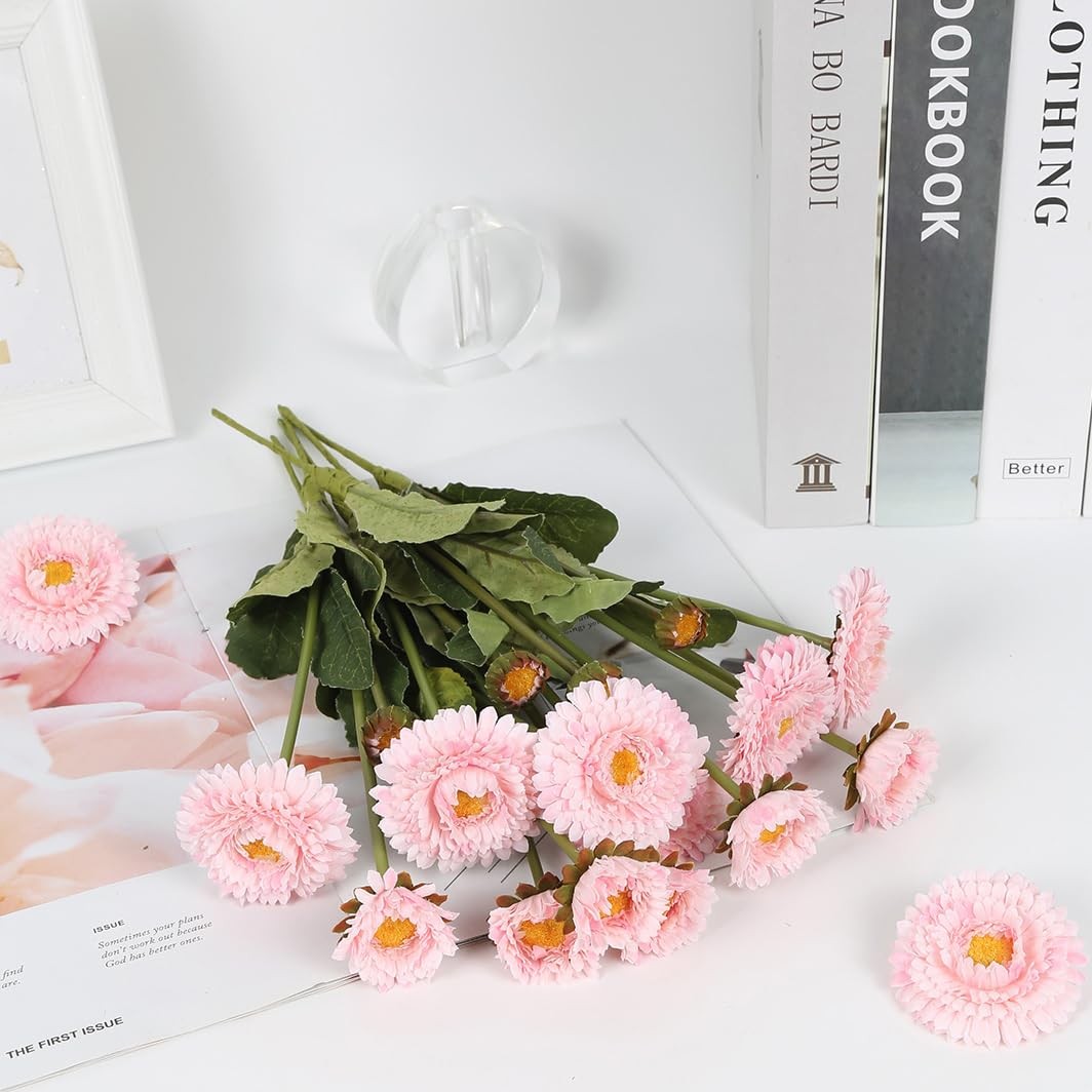 8 PCS Faux Chrysanthemum Flowers Silk Fake Daisies Light Pink Vase Centerpiece