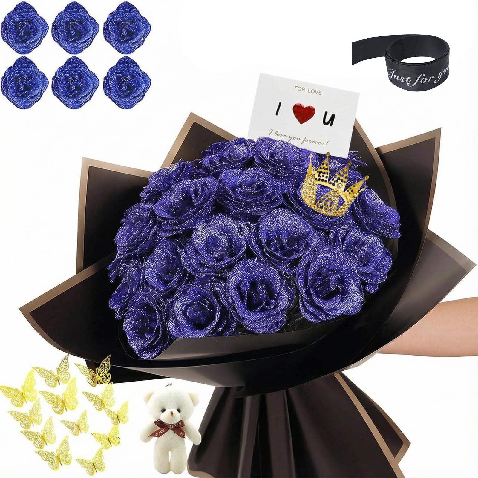12 PCS Glitter Roses Bouquet DIY Fake Everlasting Shiny Blue Rose Decor