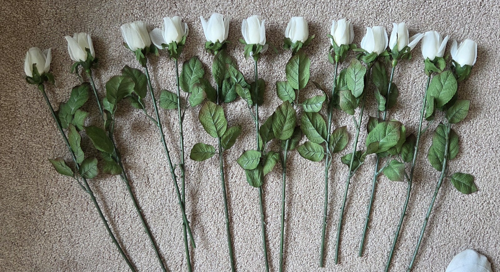 Dozen Artificial White Rose Long Stem , Faux Silk Roses