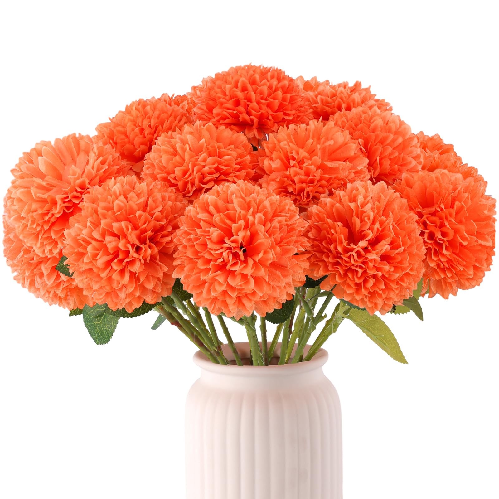 12 PCS Orange Artificial Chrysanthemums Marigolds Ball Silk Fall Fake Flowers