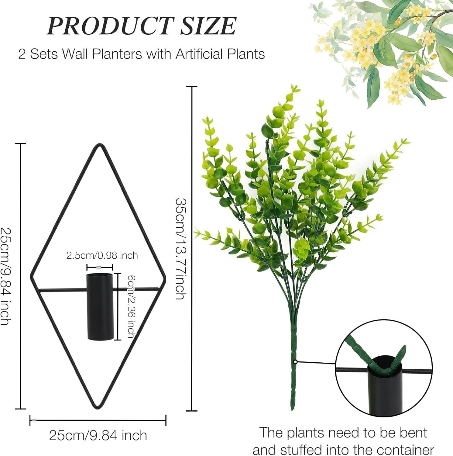 Elegant 3-Piece Geometric Metal Wall Planters with Eucalyptus for Home & Office