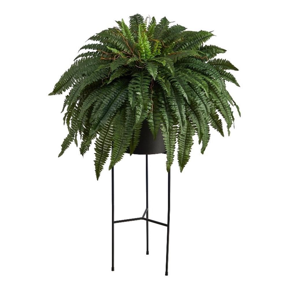 Nearly Natural 51″ Boston Fern Artificial Plant in Black Planter with Stand