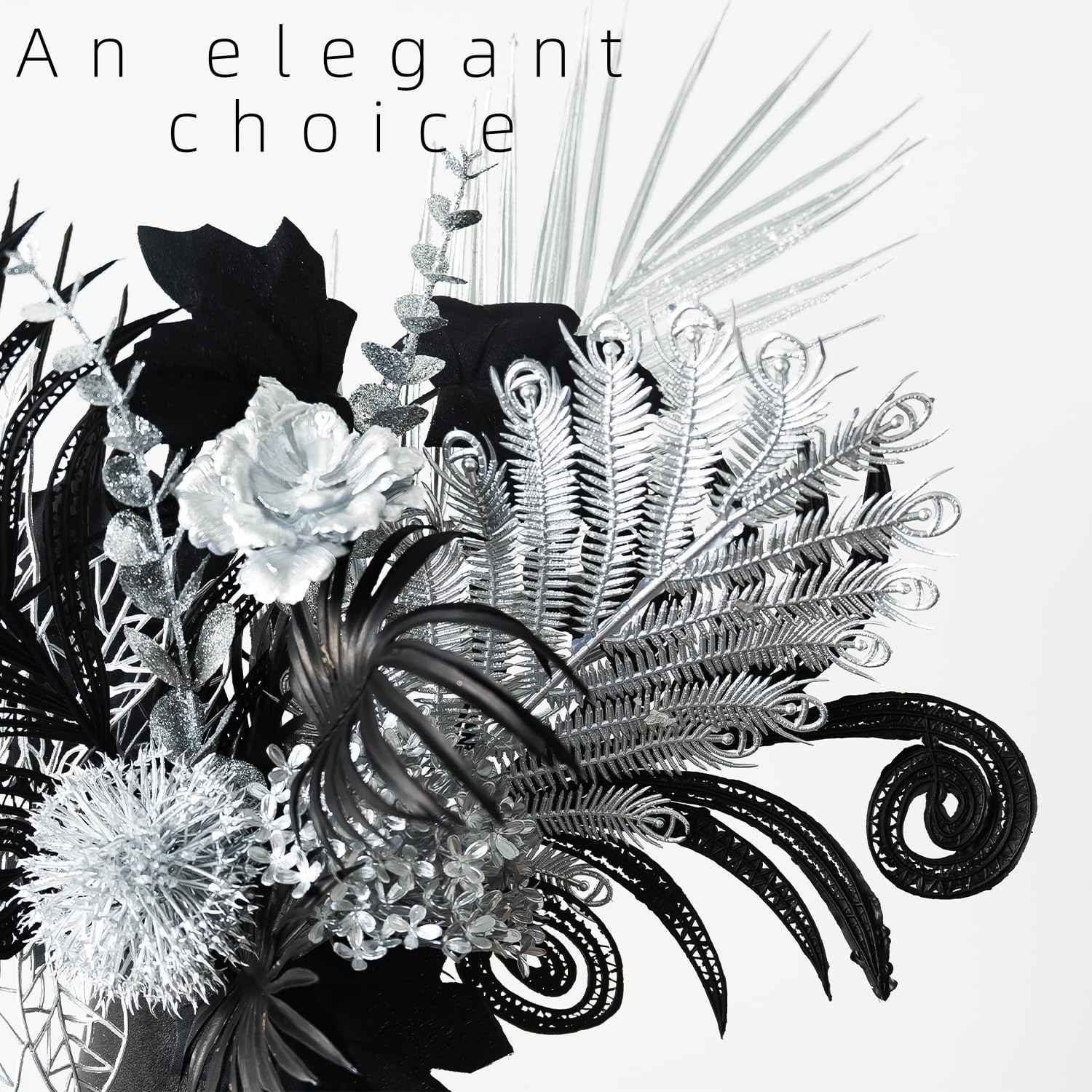 17Inch Black Silver Metallic Artificial Flowers Gothic Bouquet Party Decor