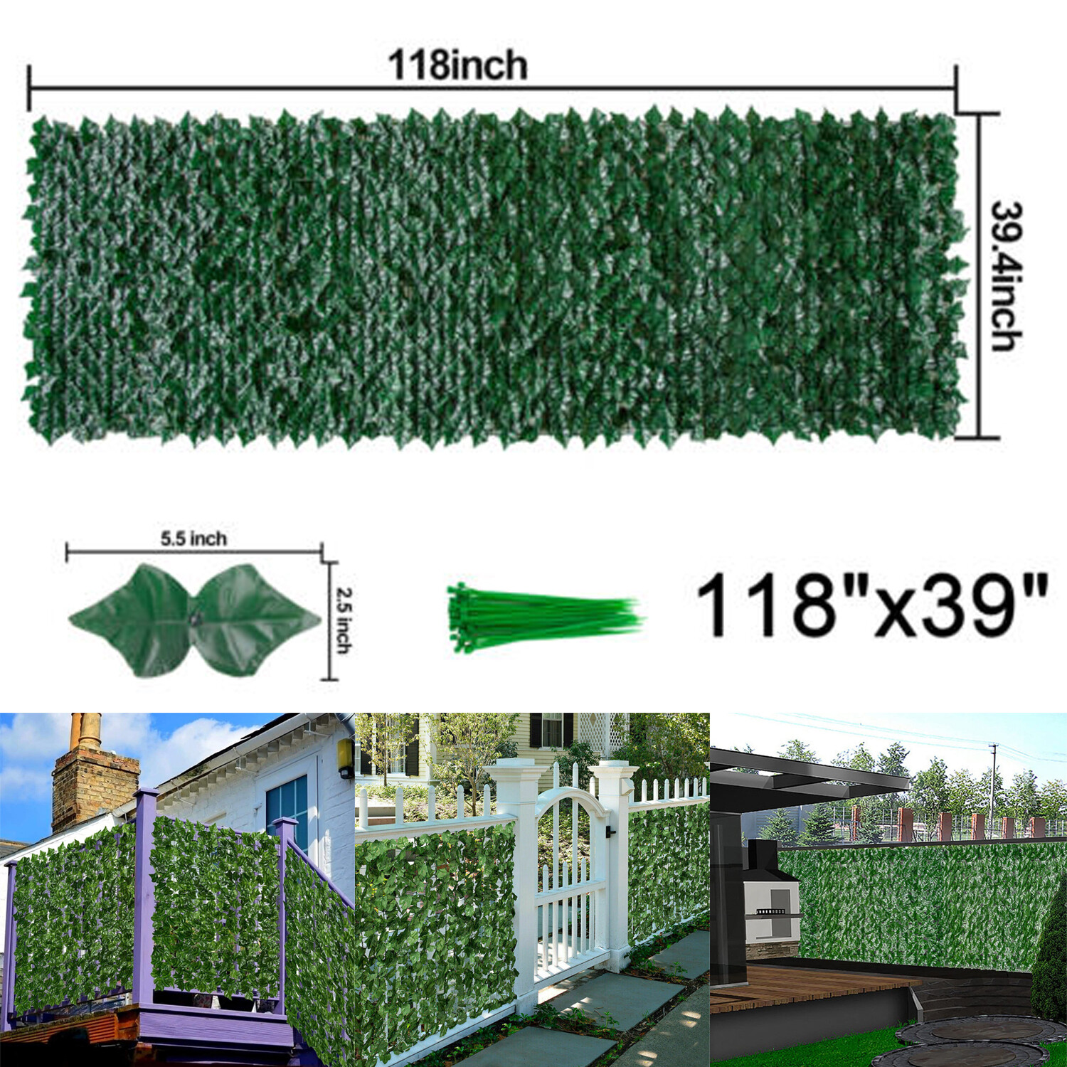 118×39″ Artificial Faux Ivy Leaf Fence Screen Wall Decor Mesh Cloth Backing