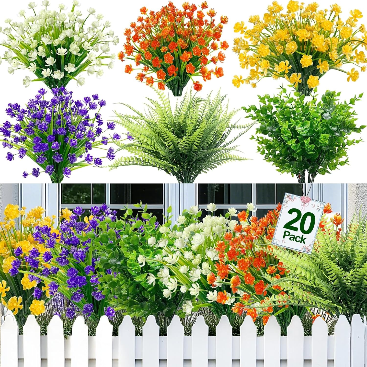 20 Bundles Artificial Flowers for Outdoors, Spring Grass Camellia Fake Flowers F