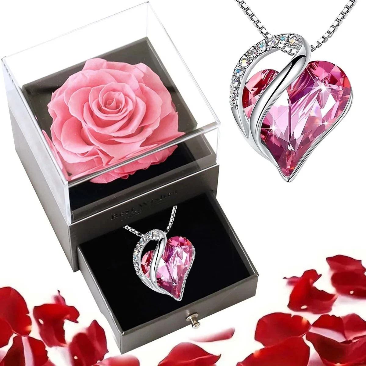 Preserved Eternal Real Rose Flower Gift Box With 14K Gold Plated Silver Necklace