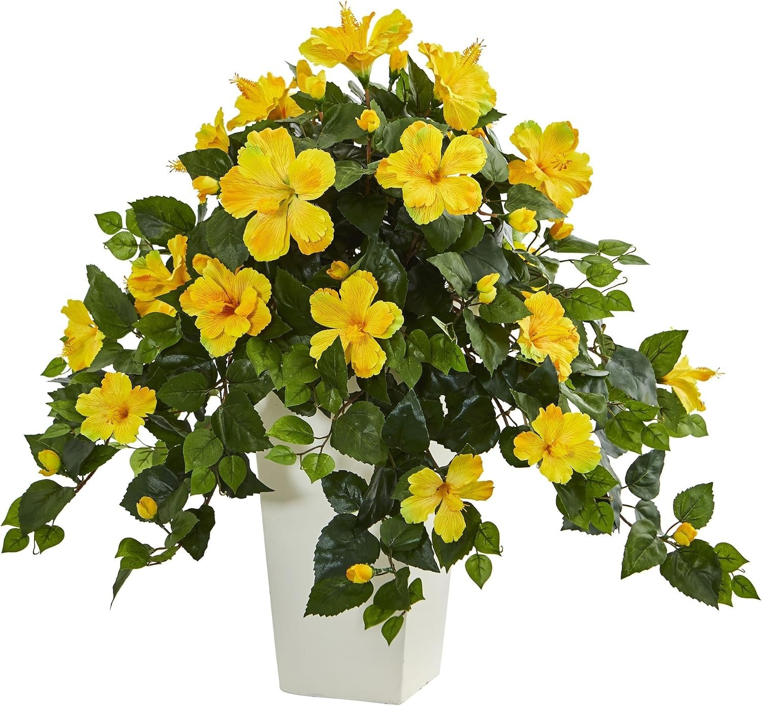 Nearly Natural Hibiscus Artificial Plant in White Tower Planter