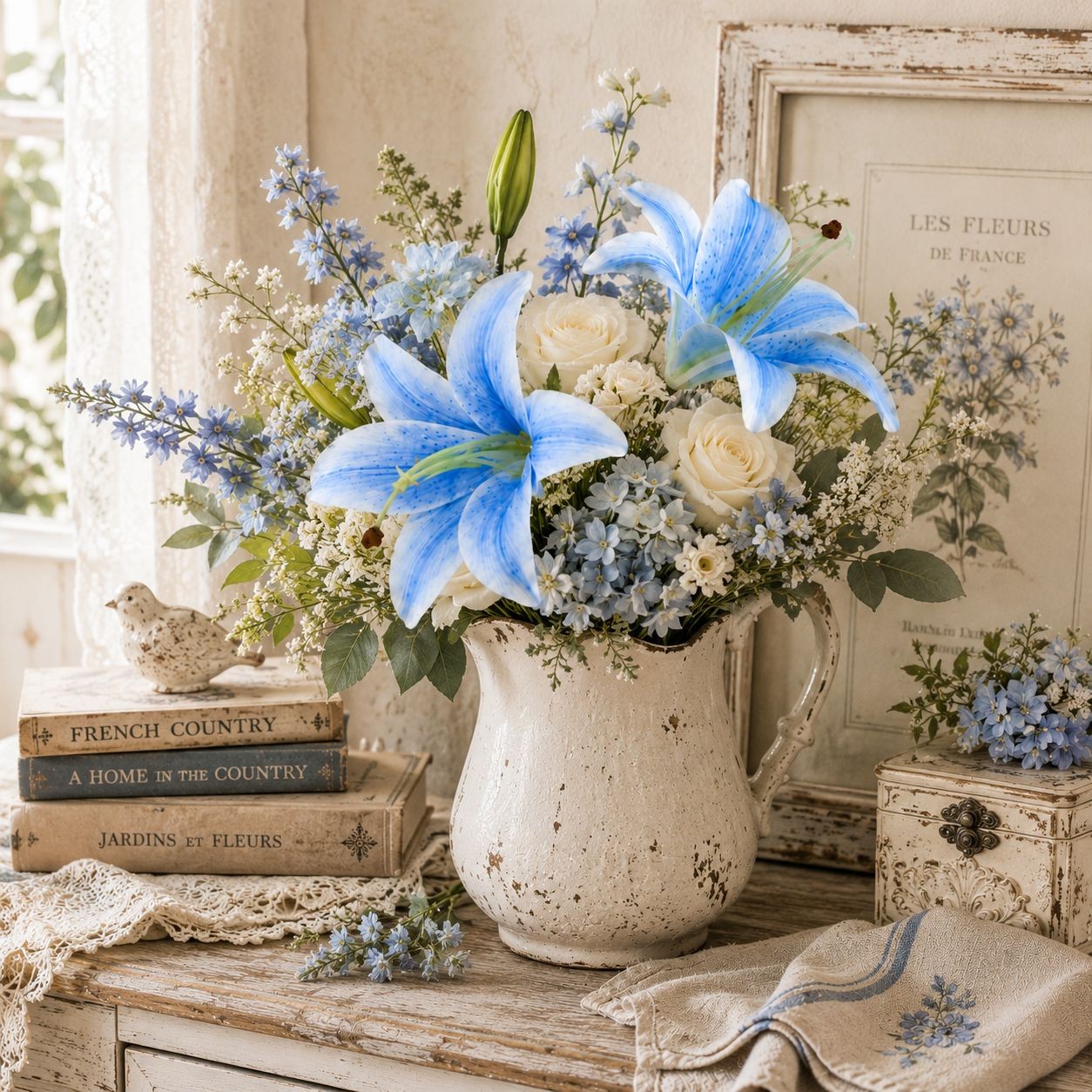 Blue Lily Stems, Real Touch Flowers, Artificial Lily Spray, Faux Blue Lilies, Co