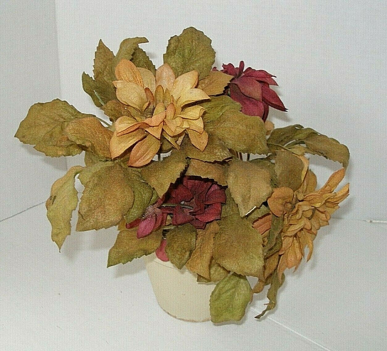 Pailr of Planters with Silk Flower Arrangements Fall Colors Burgundy Mustard New