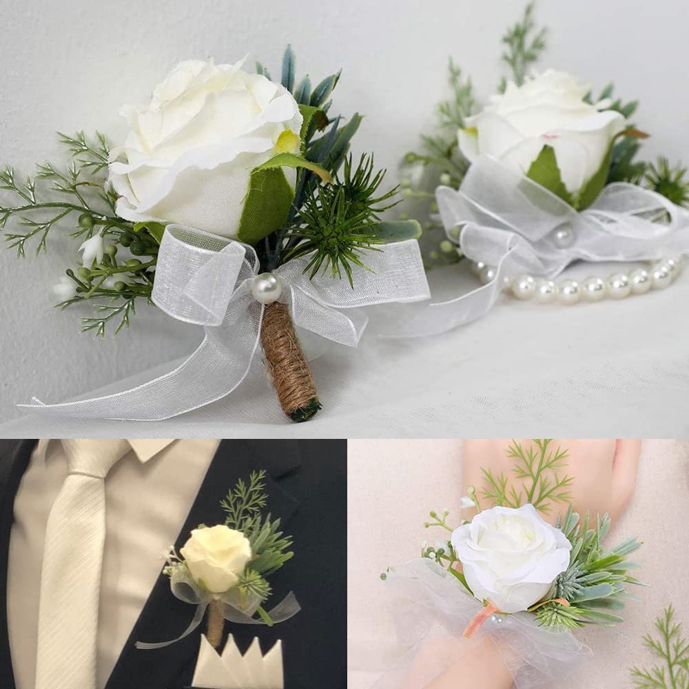 Rose Corsage and Boutonniere Set, 2PCS Handmade Artificial Flower Bride Wrist…