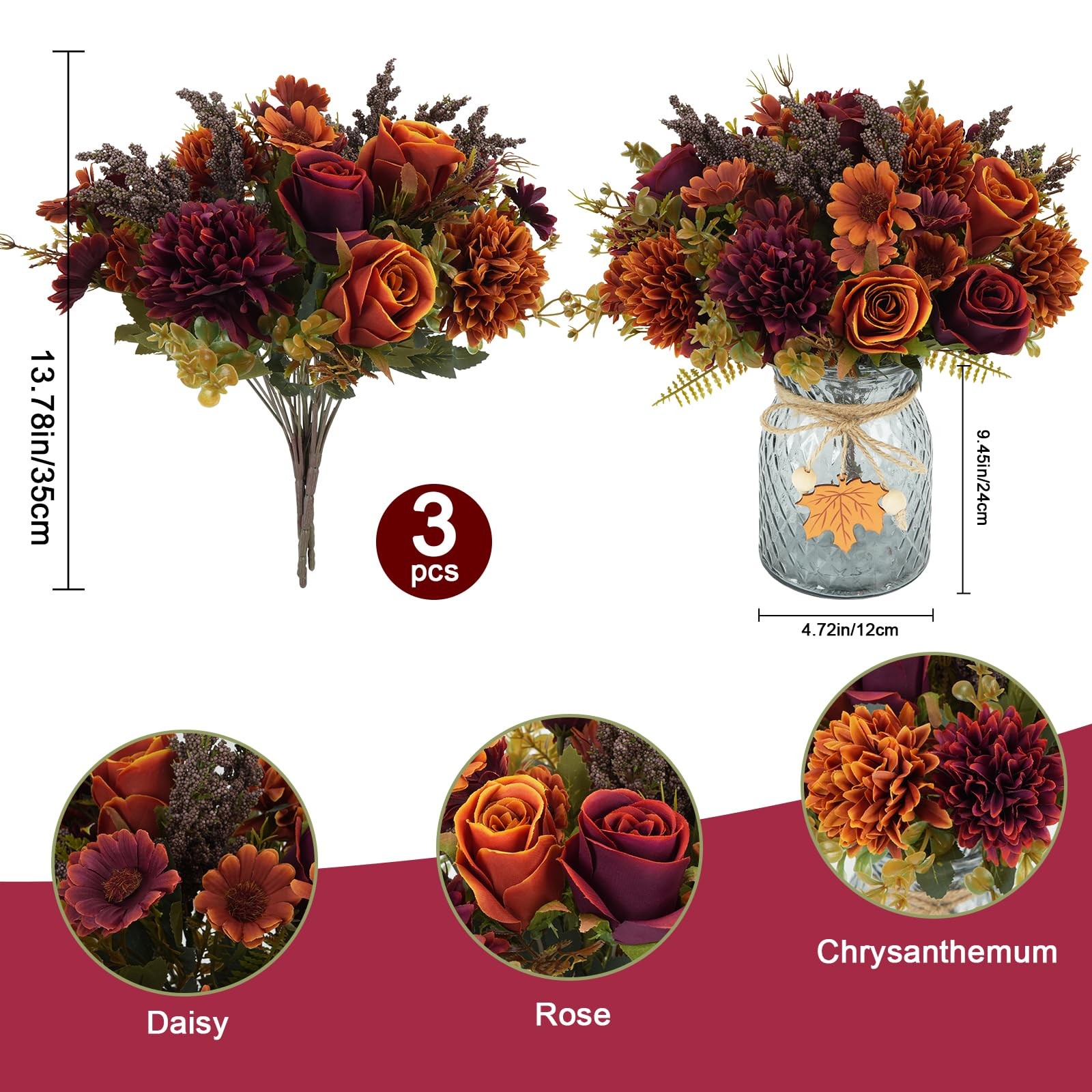 MHMJON Fall Silk Flowers Roses Daisies Vase 3 Bundles
