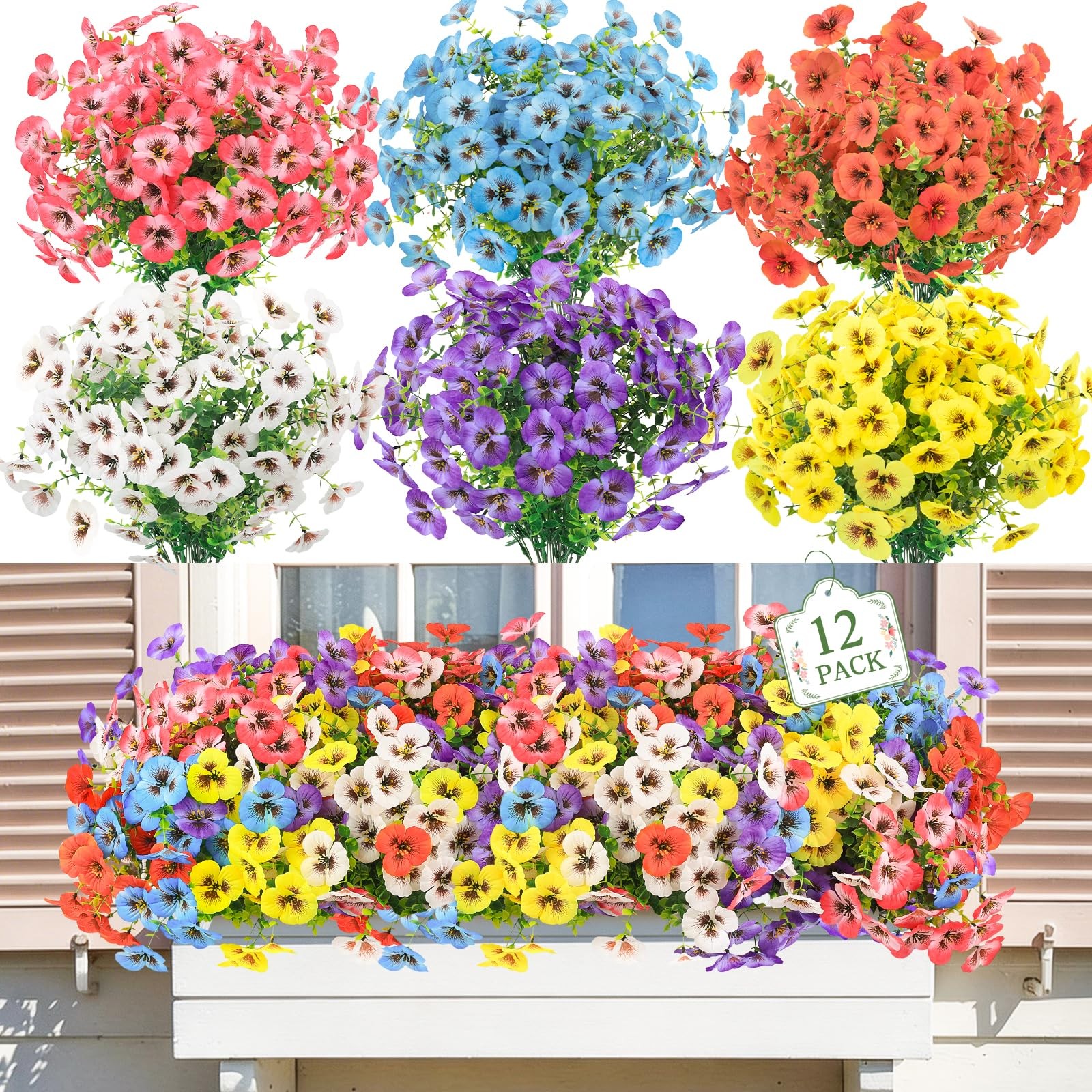 12 Bundles Artificial Flowers for Outdoors UV Resistant Fake Pansies Outdoor …