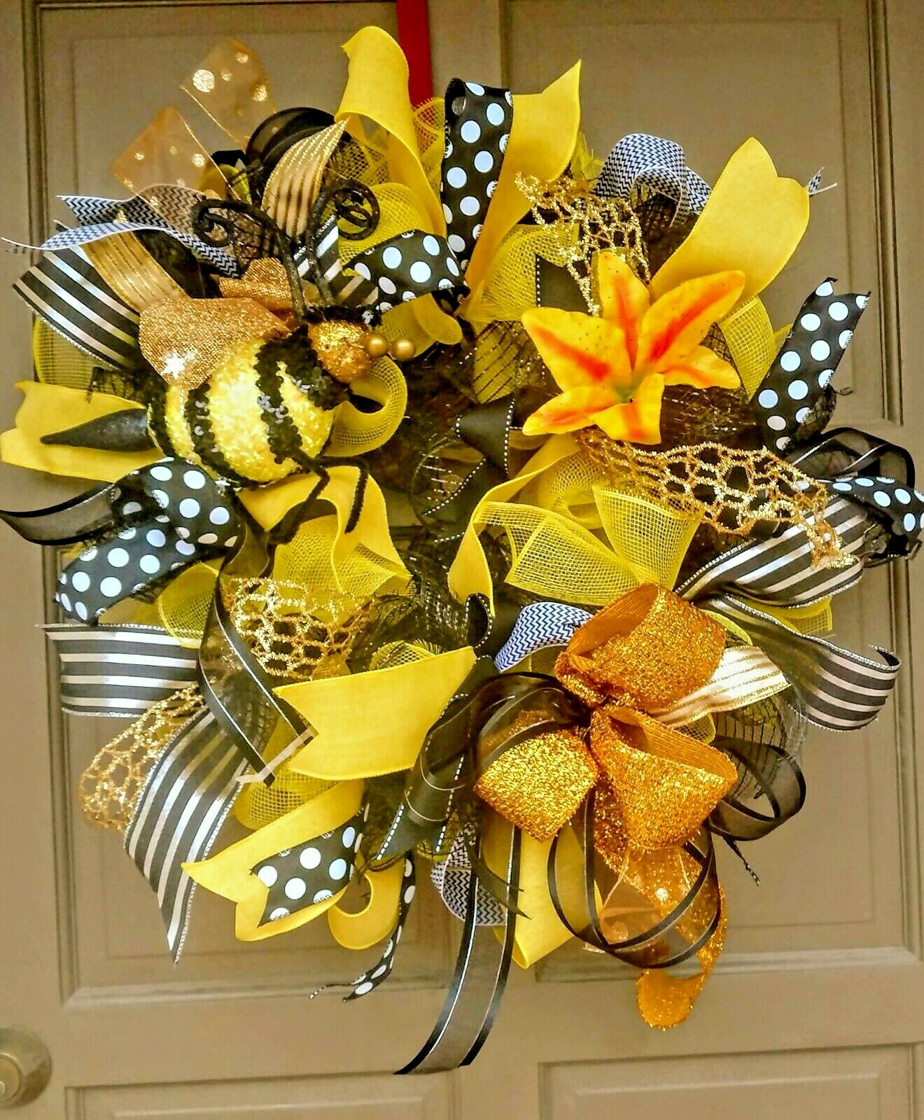 Spring Summer Bee Wreath Large Deco Mesh Floral Farmhouse Front Door Decor