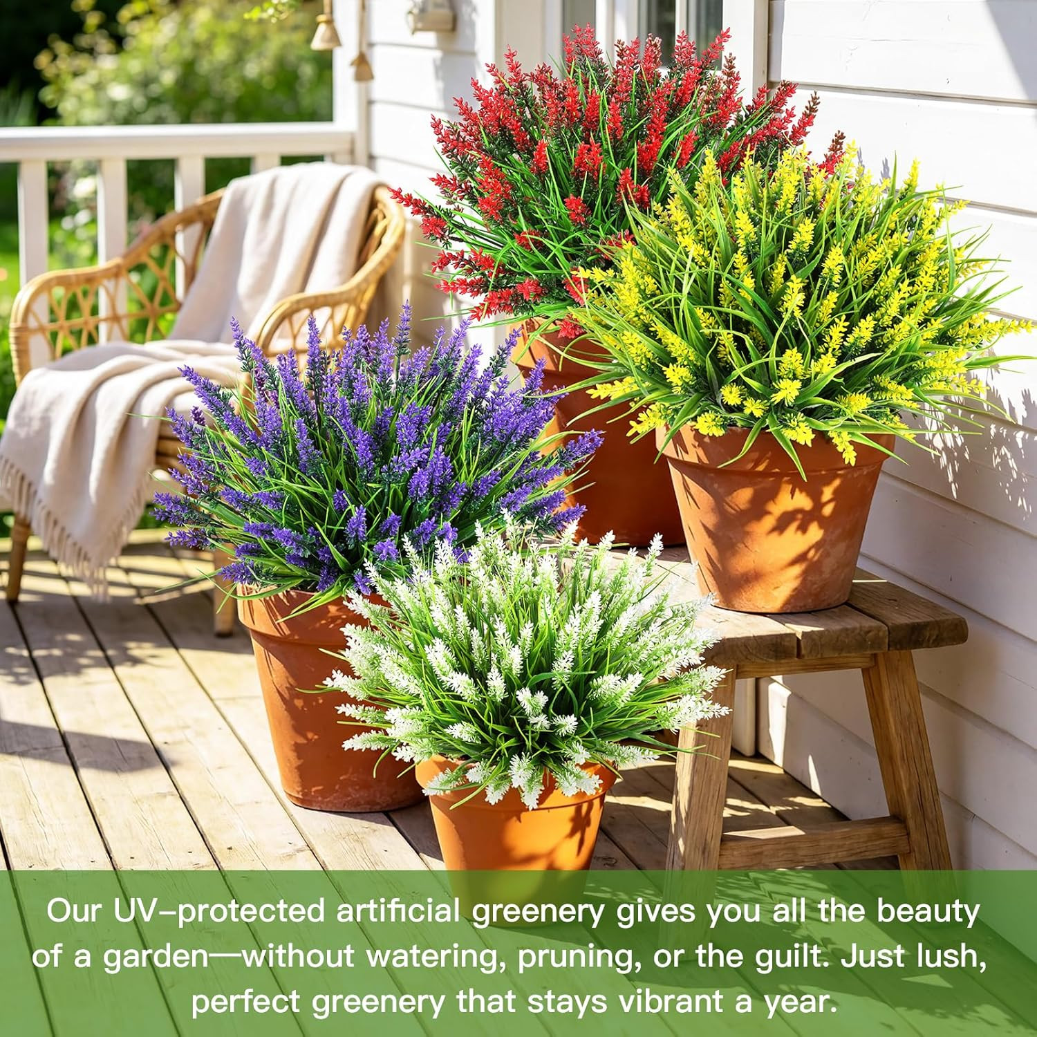 16 Bundles Faux Outdoor Plants, UV Resistant Fake Lavender & Monkey Grass, Reali