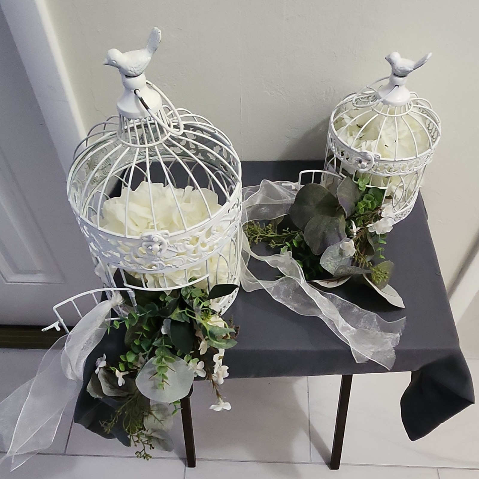White Birdcage Centerpiece with Artificial Hydrangea, Ribbon, 2 Pack
