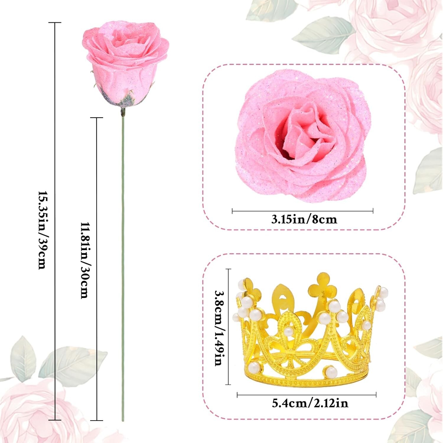 Waipfaru Pink Glitter Roses Bouquet, DIY Fake Flowers Bouquet, Everlasting Shiny