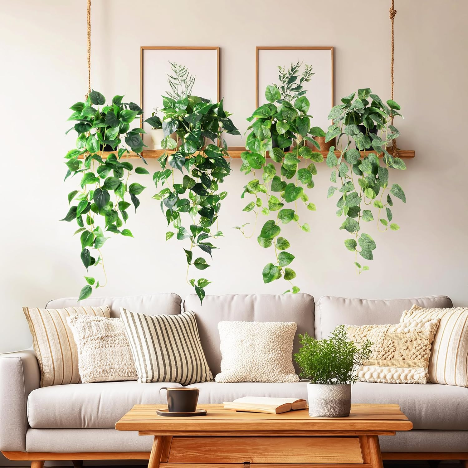 4PC Fake Hanging Pothos Plants with Pots, 33″ Faux Ivy for Home Decor
