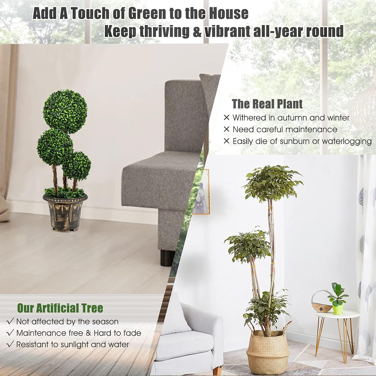 2.5 Ft Artificial Boxwood Topiary Tree, 2 Pack Fake Greenery Plants Triple Ball