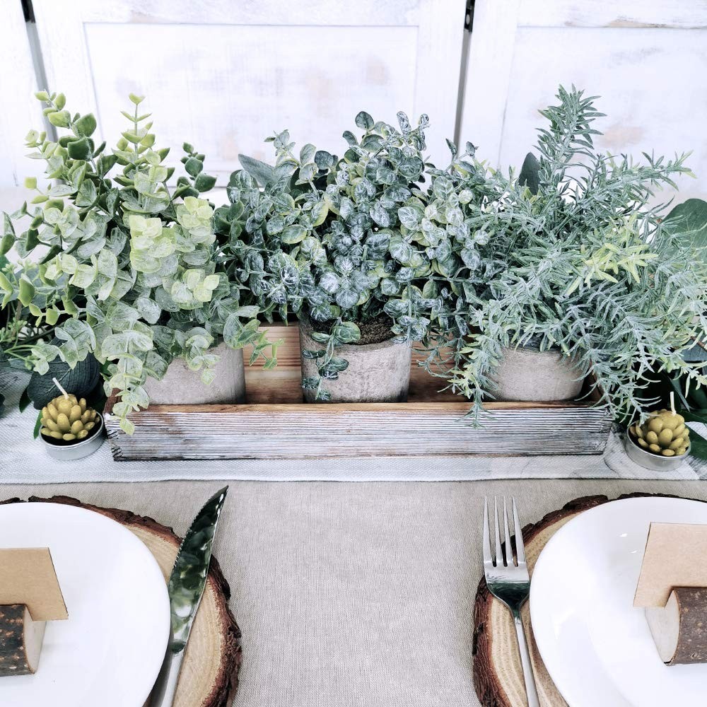 Set of 3 Mini Faux Eucalyptus & Rosemary Plants in Wood Planter Box – Indoor Gre