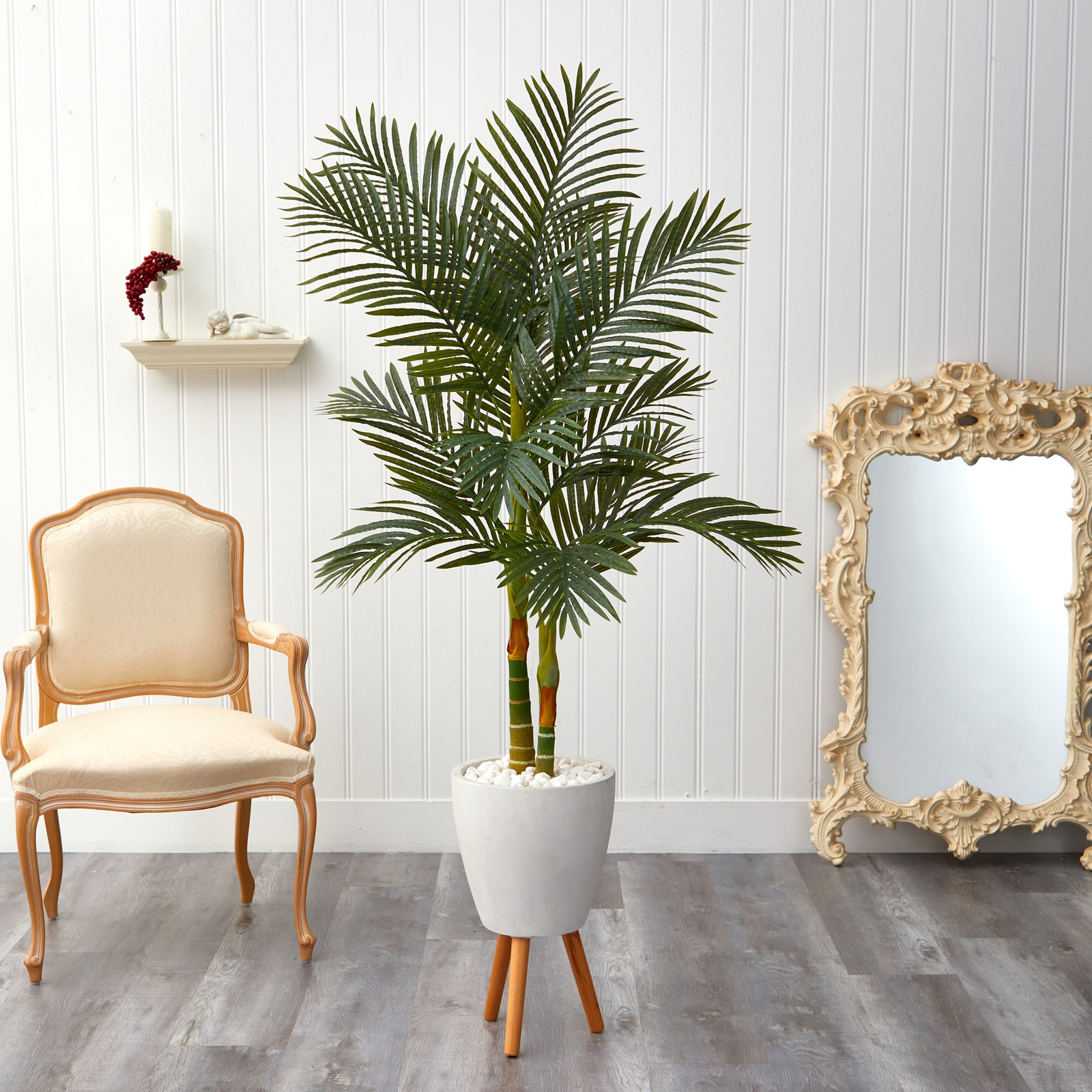 Nearly Natural 5.5ft Golden Cane Artificial Palm Tree in White Planter in Pink