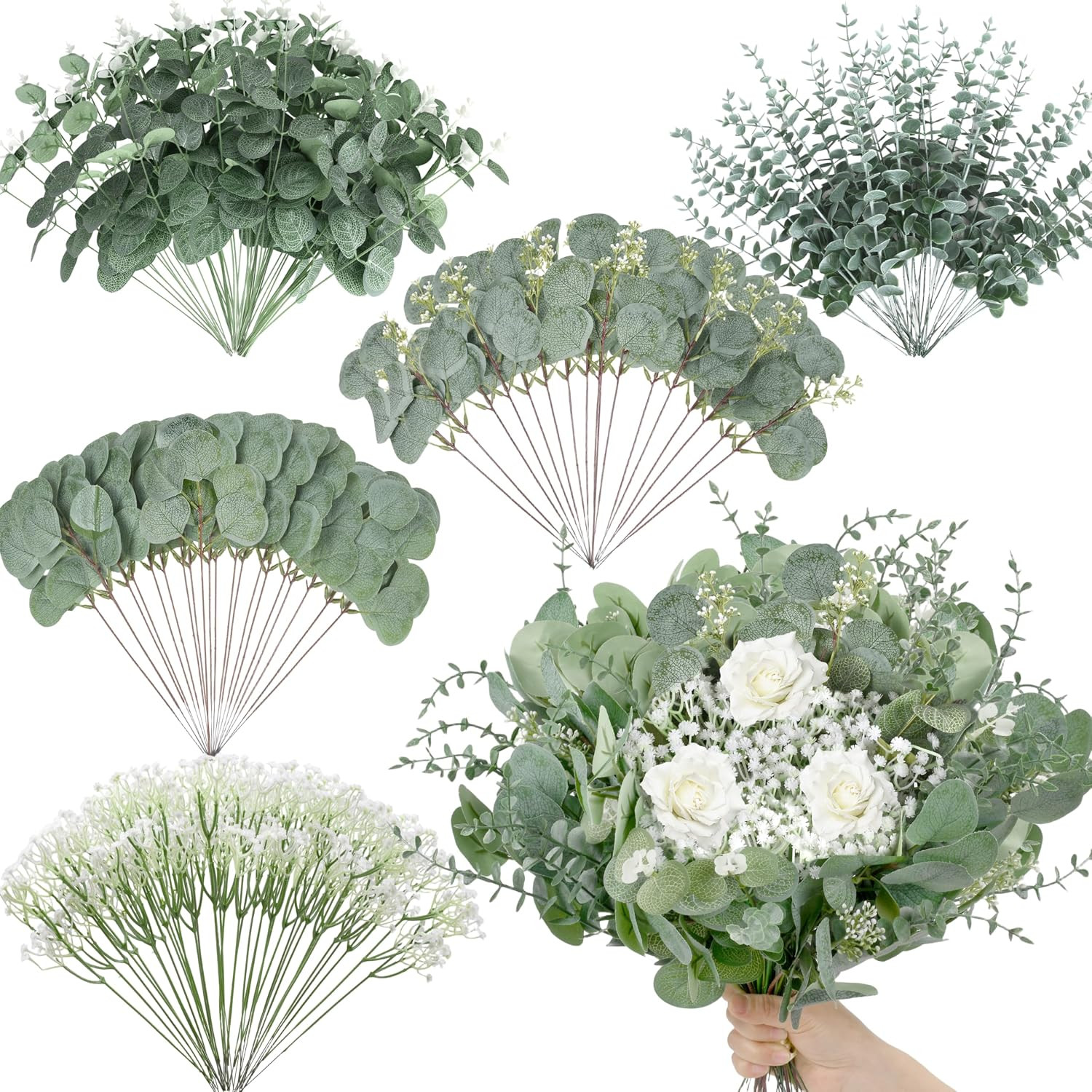 200 Pcs 5 Kinds Mixed Artificial Eucalyptus Leaves Stems Bulk Babys Breath Eucal