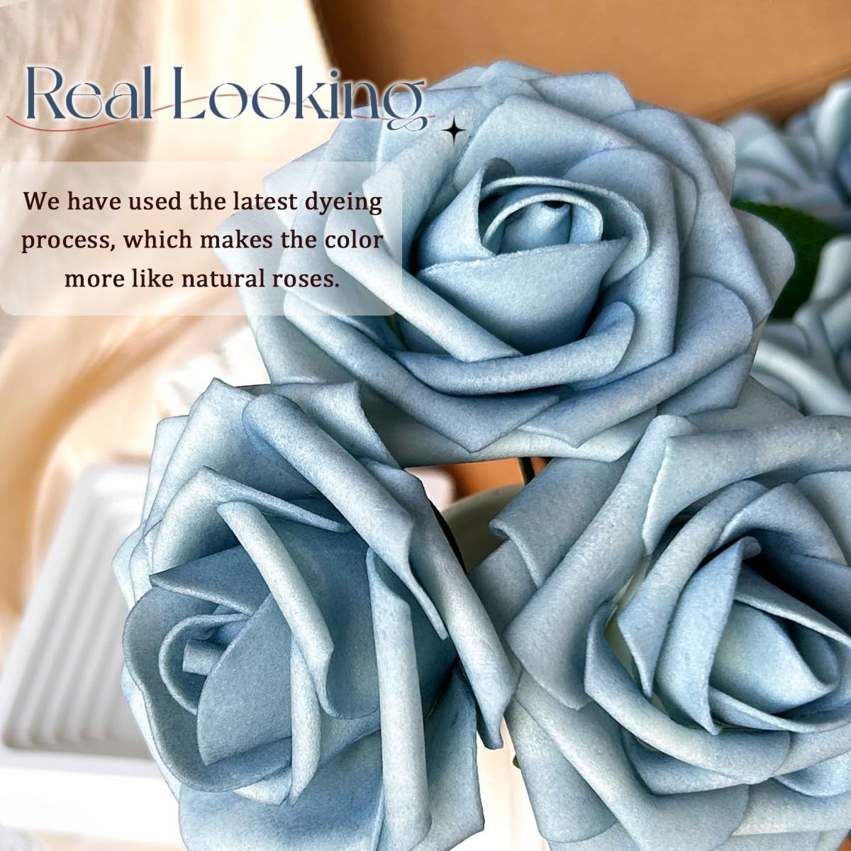 50PCS Light Blue Foam Artificial Roses with Stems & Leaves, Faux Wedding Bouquet