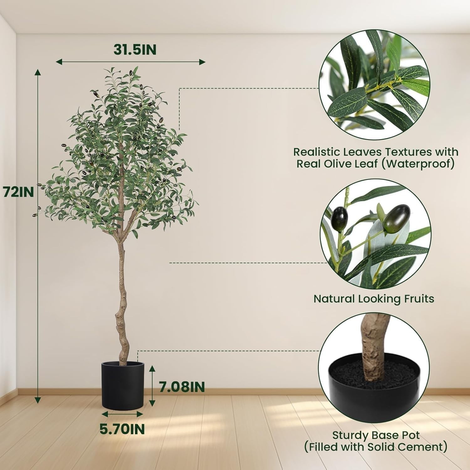 Artificial Olive Tree 6FT Tall Fake Plant with Planter 72in Realistic Trunk