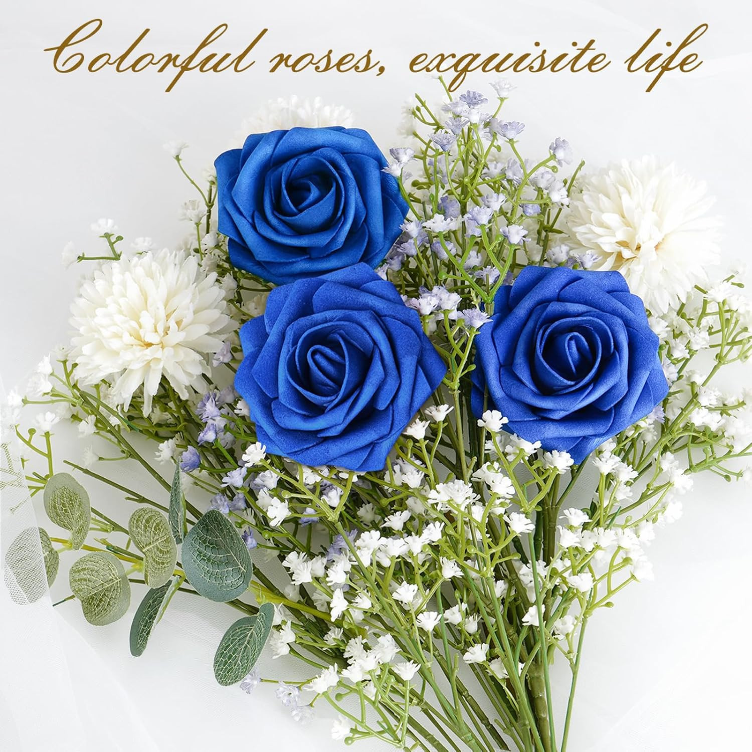 16Pcs Artificial Flowers Fake Roses with Stems, Royal Blue Boxed Foam Roses f…